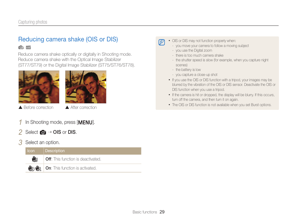 Reducing camera shake (ois or dis), Reducing camera shake (ois or dis) …… 29 | Samsung EC-ST76ZZBPRUS User Manual | Page 30 / 132