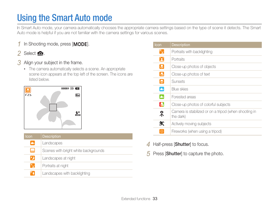 Using the smart auto mode | Samsung EC-ST76ZZBPRUS User Manual | Page 34 / 132