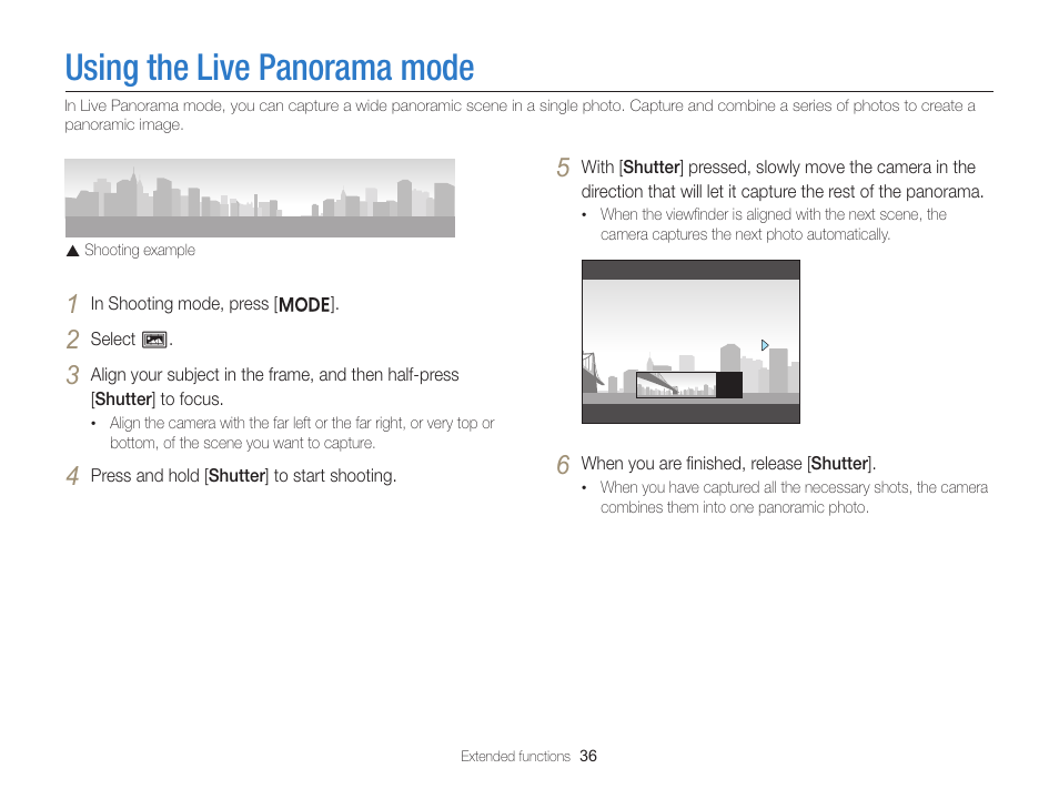Using the live panorama mode | Samsung EC-ST76ZZBPRUS User Manual | Page 37 / 132