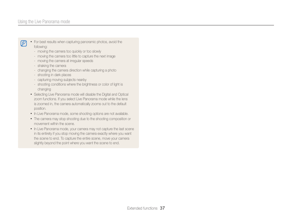 Using the live panorama mode | Samsung EC-ST76ZZBPRUS User Manual | Page 38 / 132