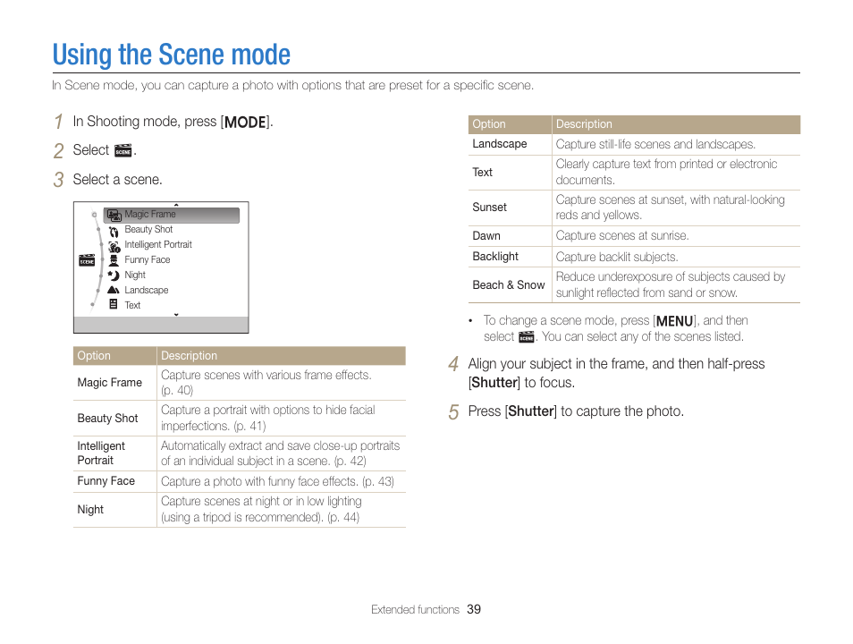 Using the scene mode, Mode. (p. 39) | Samsung EC-ST76ZZBPRUS User Manual | Page 40 / 132