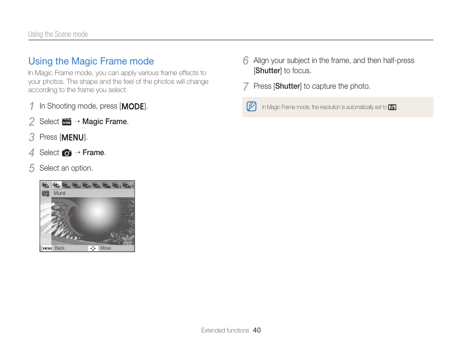 Using the magic frame mode, Using the magic frame mode ……………………… 40 | Samsung EC-ST76ZZBPRUS User Manual | Page 41 / 132