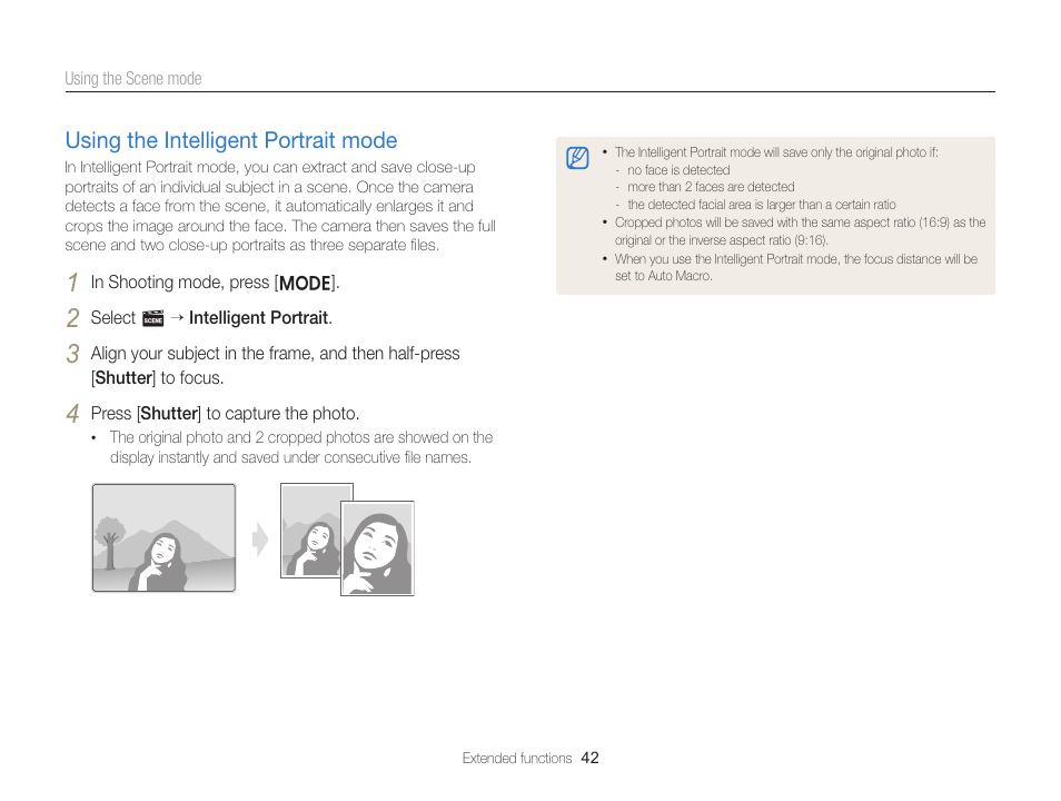 Using the intelligent portrait mode, Using the intelligent portrait mode ………………… 42 | Samsung EC-ST76ZZBPRUS User Manual | Page 43 / 132