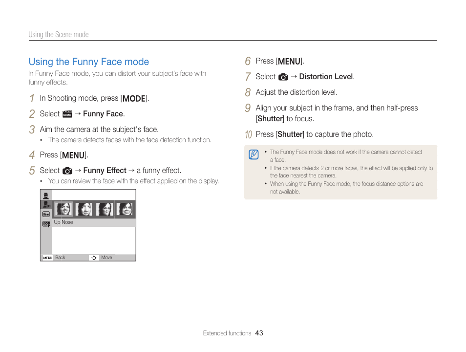 Using the funny face mode, Using the funny face mode ………………………… 43 | Samsung EC-ST76ZZBPRUS User Manual | Page 44 / 132