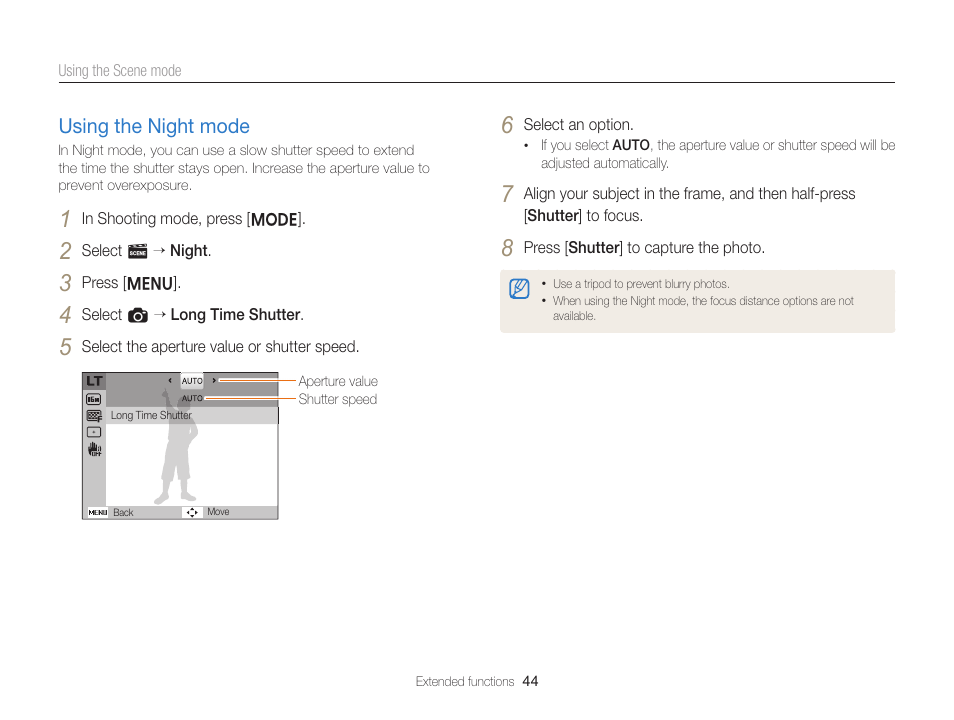 Using the night mode, Using the night mode ……………………………… 44 | Samsung EC-ST76ZZBPRUS User Manual | Page 45 / 132