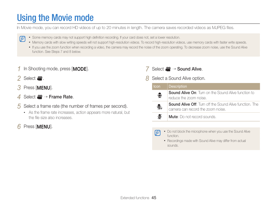 Using the movie mode | Samsung EC-ST76ZZBPRUS User Manual | Page 46 / 132