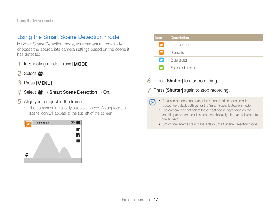 Using the smart scene detection mode, Using the smart scene detection mode …………… 47 | Samsung EC-ST76ZZBPRUS User Manual | Page 48 / 132
