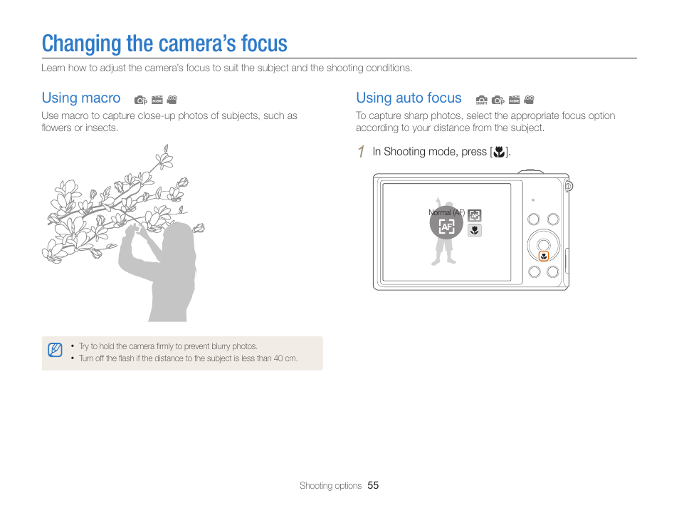 Changing the camera’s focus, Using macro, Using auto focus | Using macro ……………………………… 55, Using auto focus ………………………… 55 | Samsung EC-ST76ZZBPRUS User Manual | Page 56 / 132