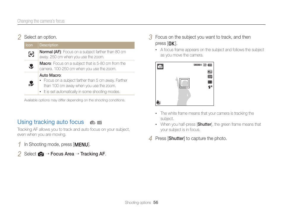 Using tracking auto focus, Using tracking auto focus ………………… 56 | Samsung EC-ST76ZZBPRUS User Manual | Page 57 / 132