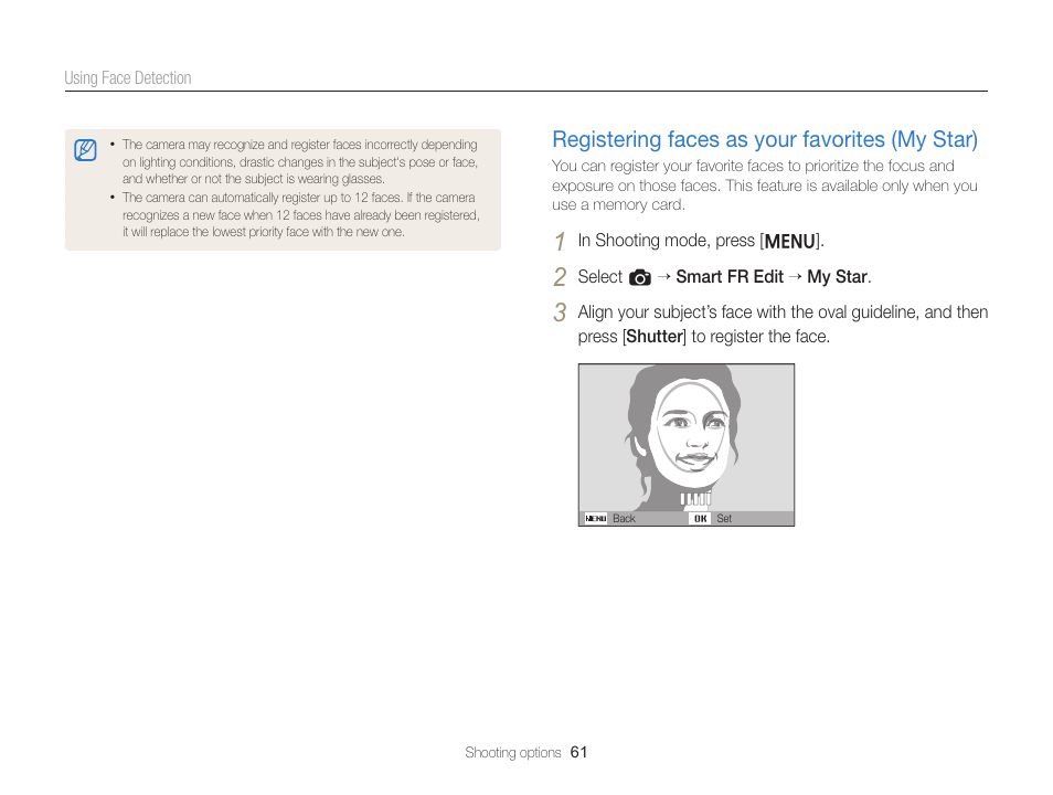 Registering faces as your favorites (my star), Registering faces as your favorites, My star) ………………………………… 61 | Samsung EC-ST76ZZBPRUS User Manual | Page 62 / 132