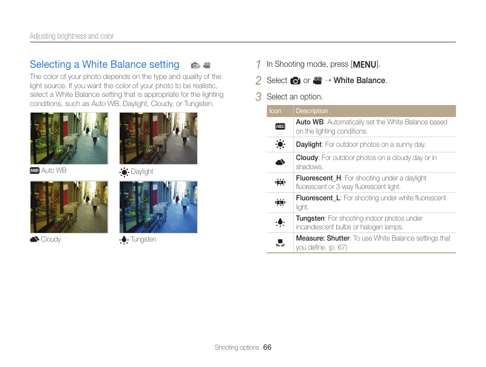 Selecting a white balance setting, Selecting a white balance setting ………… 66 | Samsung EC-ST76ZZBPRUS User Manual | Page 67 / 132