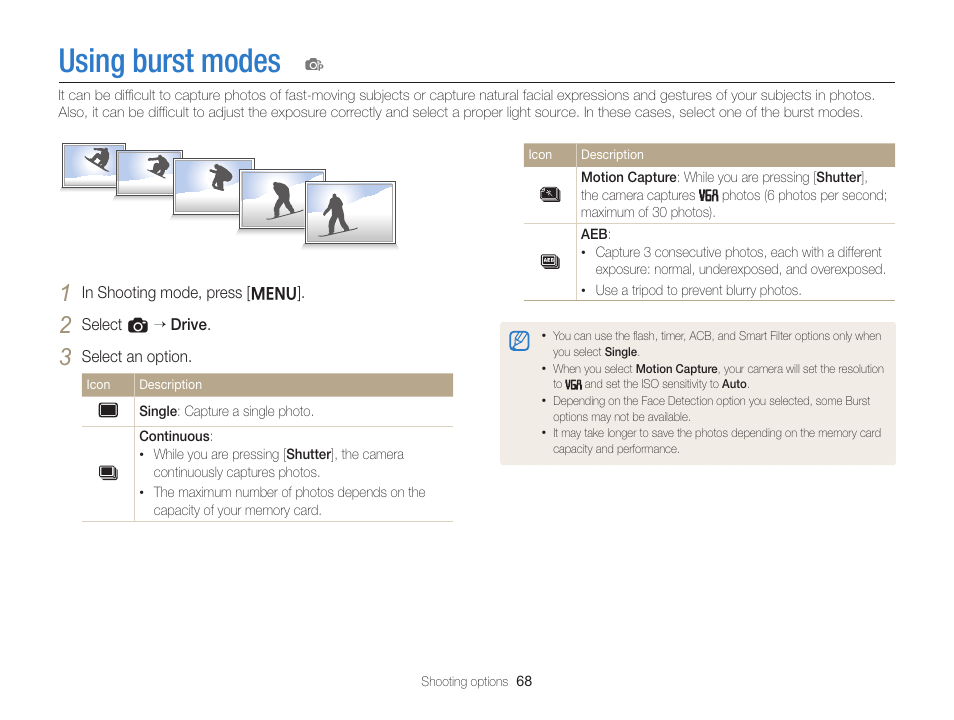 Using burst modes | Samsung EC-ST76ZZBPRUS User Manual | Page 69 / 132