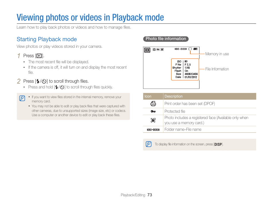 Viewing photos or videos in playback mode, Starting playback mode, Viewing photos or videos in | Playback mode, Starting playback mode ………………… 73 | Samsung EC-ST76ZZBPRUS User Manual | Page 74 / 132