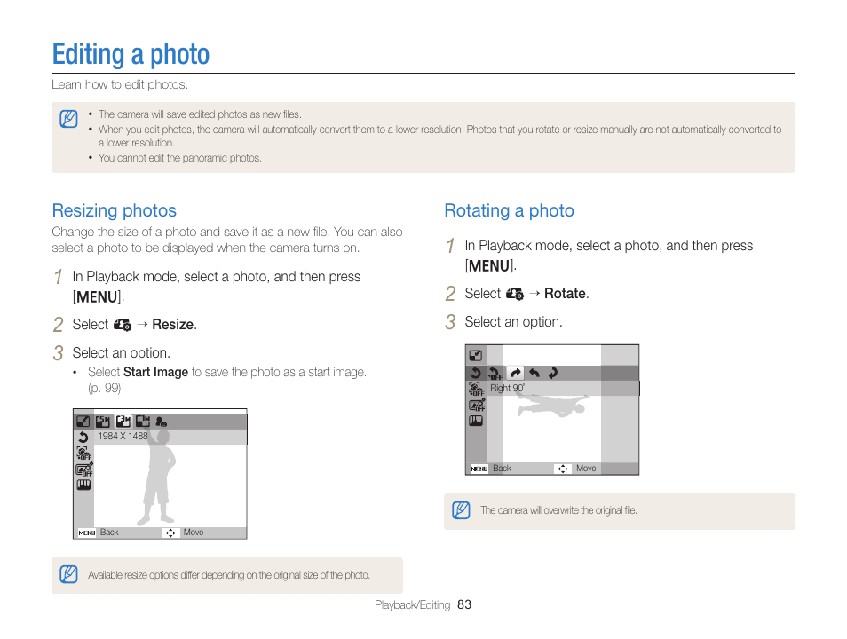 Editing a photo, Resizing photos, Rotating a photo | Resizing photos …………………………… 83, Rotating a photo ………………………… 83 | Samsung EC-ST76ZZBPRUS User Manual | Page 84 / 132