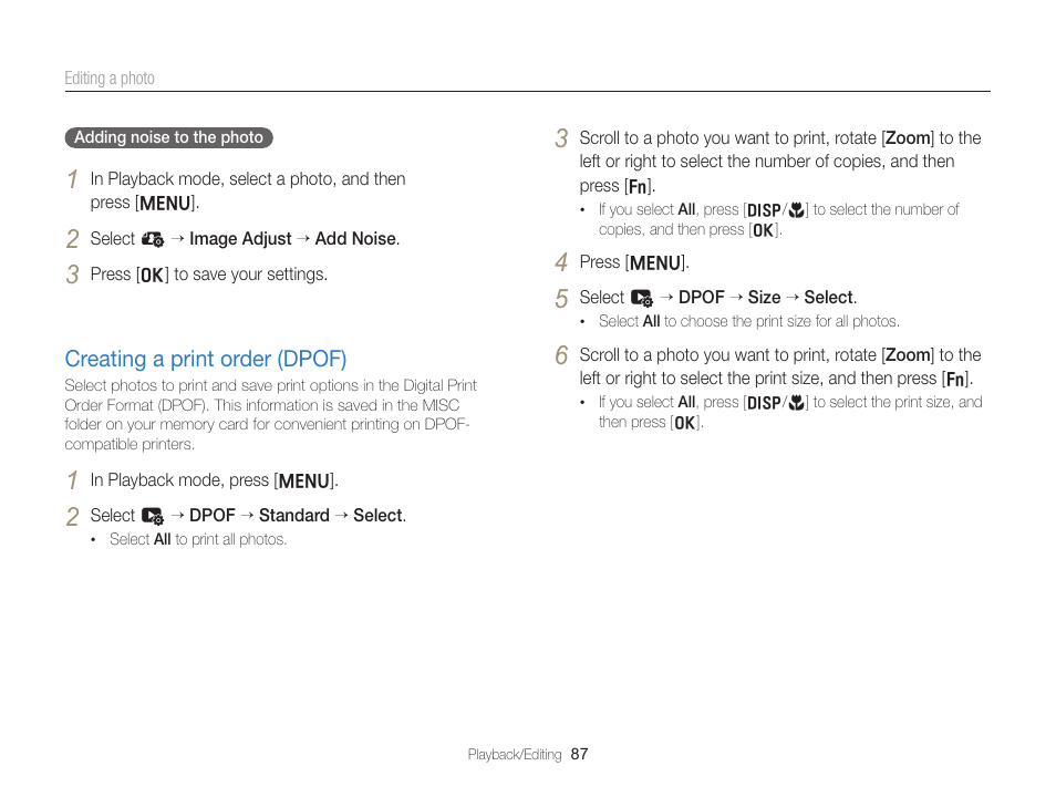 Creating a print order (dpof), Creating a print order (dpof) …………… 87 | Samsung EC-ST76ZZBPRUS User Manual | Page 88 / 132