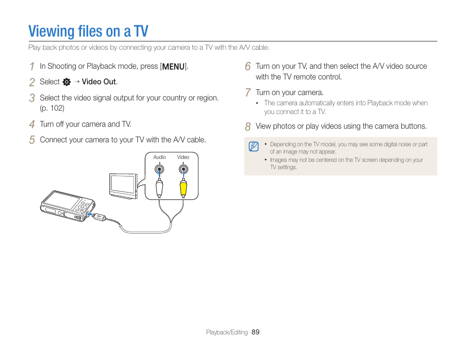 Viewing files on a tv, Viewing ﬁles on a tv | Samsung EC-ST76ZZBPRUS User Manual | Page 90 / 132