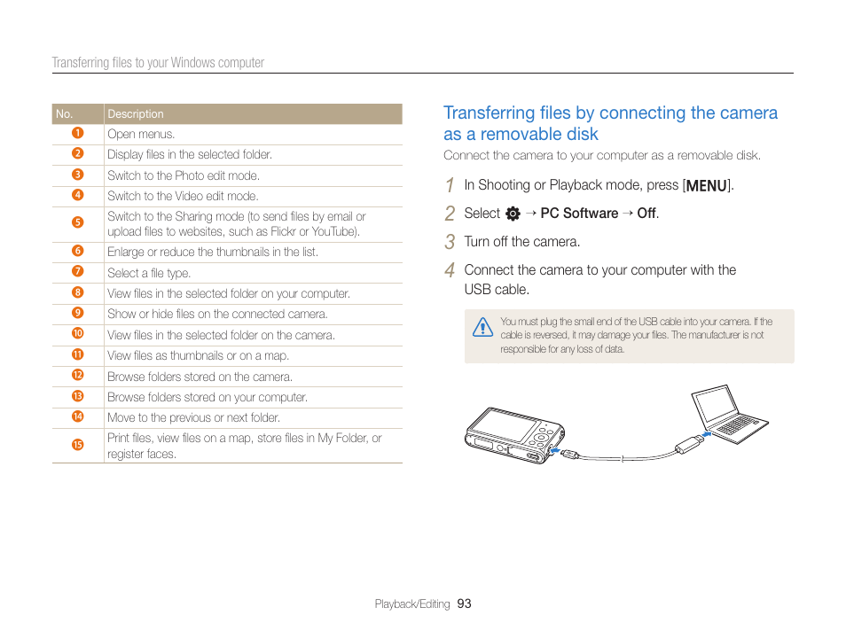 Transferring ﬁles by connecting the camera as a, Removable disk, Transferring ﬁles by connecting | The camera as a removable disk ………… 93 | Samsung EC-ST76ZZBPRUS User Manual | Page 94 / 132