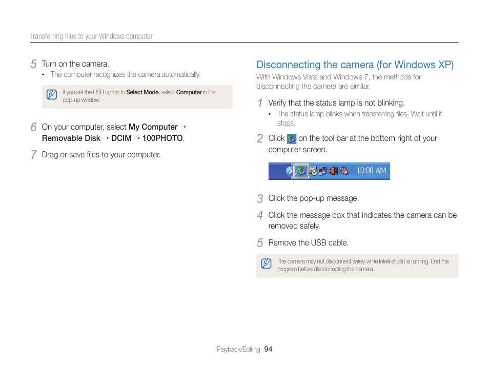 Disconnecting the camera (for windows xp), Disconnecting the camera, For windows xp) ………………………… 94 | Samsung EC-ST76ZZBPRUS User Manual | Page 95 / 132