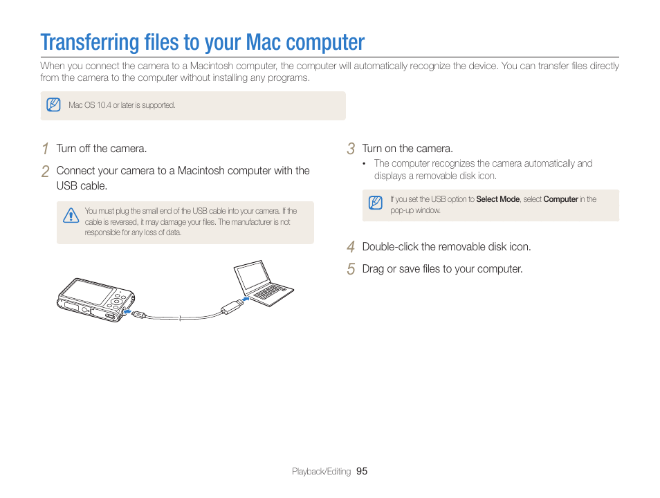 Transferring files to your mac computer, Transferring ﬁles to your mac computer | Samsung EC-ST76ZZBPRUS User Manual | Page 96 / 132
