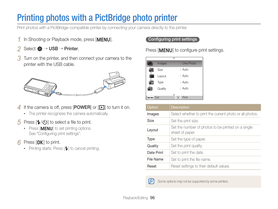 Printing photos with a pictbridge photo printer, Printing photos with a pictbridge, Photo printer | Samsung EC-ST76ZZBPRUS User Manual | Page 97 / 132