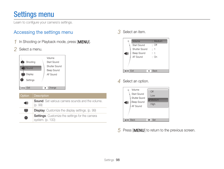 Settings menu, Accessing the settings menu, Accessing the settings menu ……………………… 98 | Samsung EC-ST76ZZBPRUS User Manual | Page 99 / 132