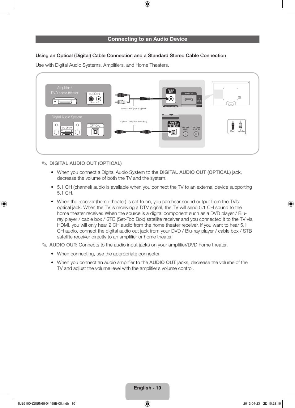 Connecting to an audio device | Samsung UN46ES6100GXZE User Manual | Page 10 / 69
