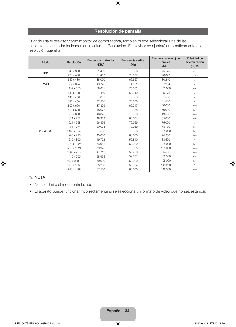 Resolución de pantalla | Samsung UN46ES6100GXZE User Manual | Page 68 / 69