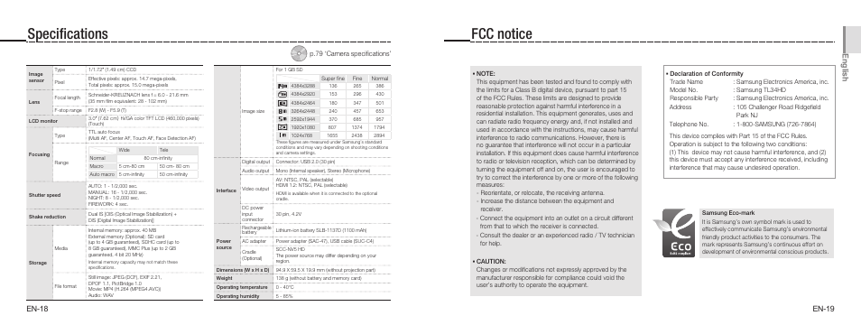 Specifications, Fcc notice, En glis h | En-18, En-1 | Samsung EC-TL34HRBA-US User Manual | Page 10 / 19