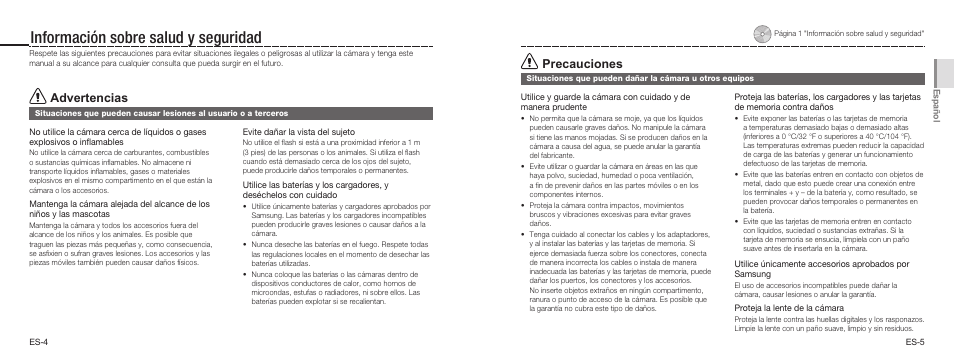 Información sobre salud y seguridad, Advertencias, Precauciones | Samsung EC-TL34HRBA-US User Manual | Page 12 / 19