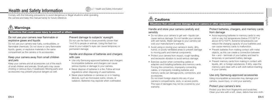 Health and safety information, Warnings, Cautions | Samsung EC-TL34HRBA-US User Manual | Page 3 / 19