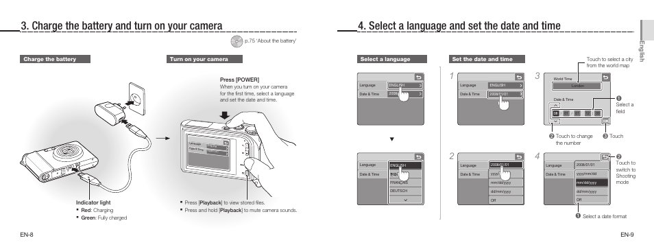 Charge the battery and turn on your camera, Select a language and set the date and time | Samsung EC-TL34HRBA-US User Manual | Page 5 / 19