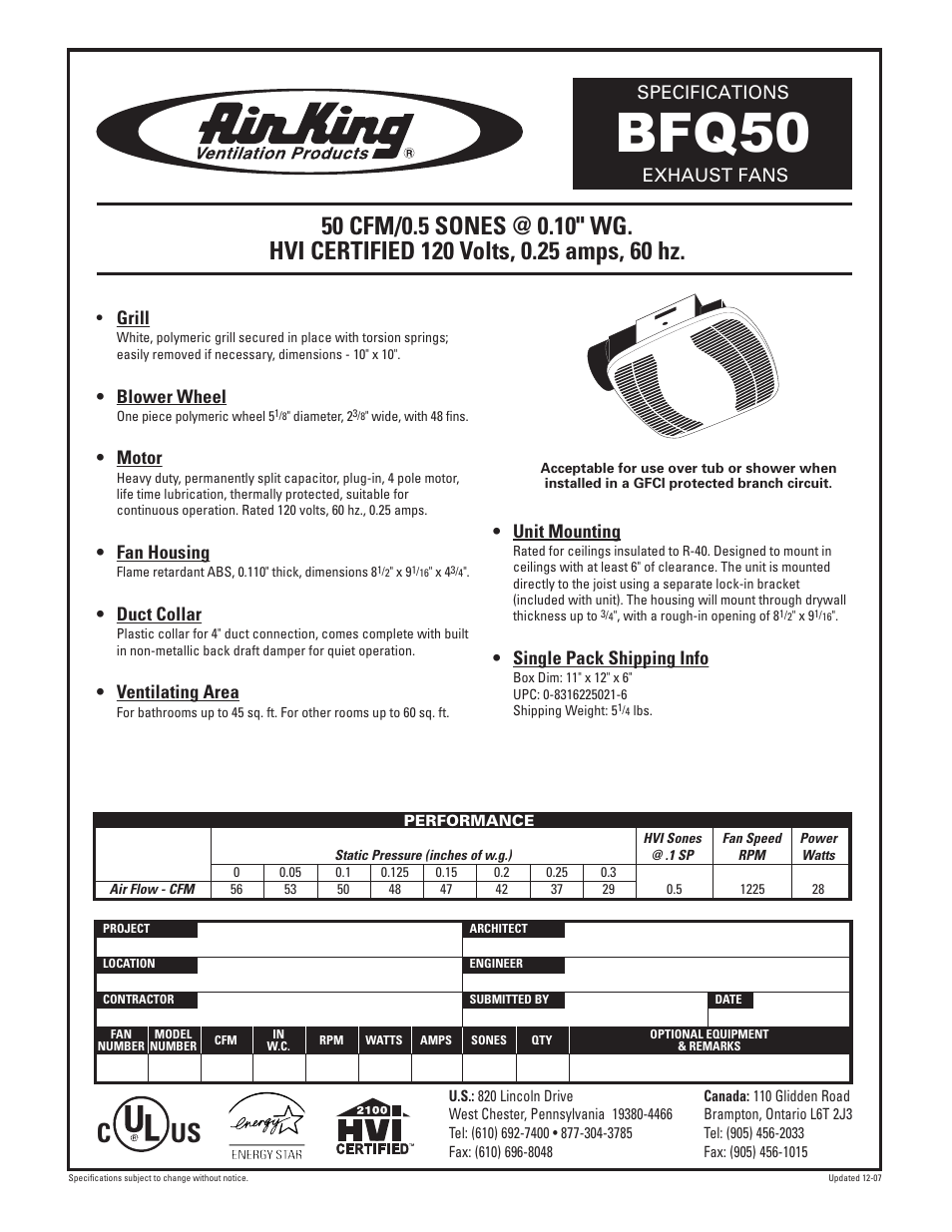 Air King EXHAUST FANS BFQ50 User Manual | 1 page