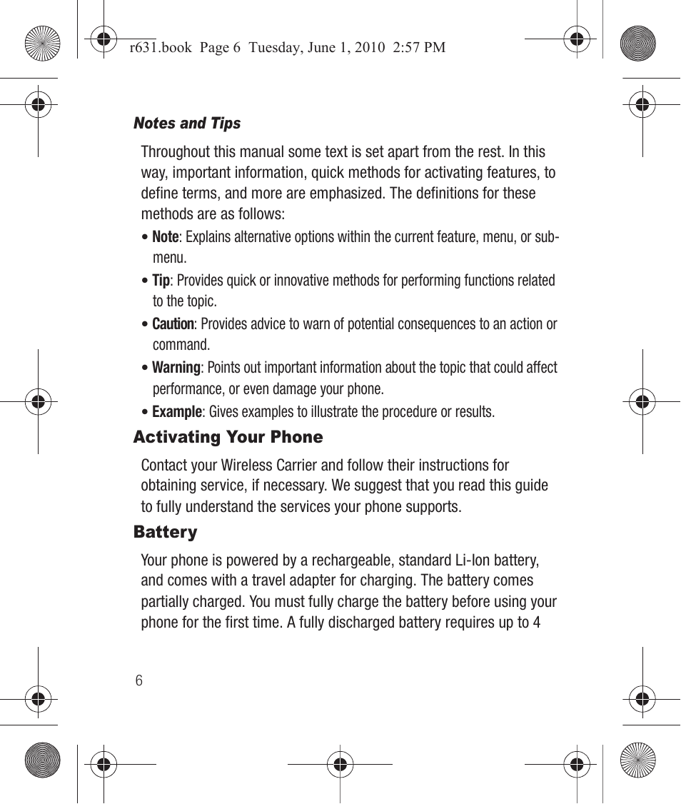 Notes and tips, Activating your phone, Battery | Activating your phone battery | Samsung SCH-R631LBAXAR User Manual | Page 10 / 165