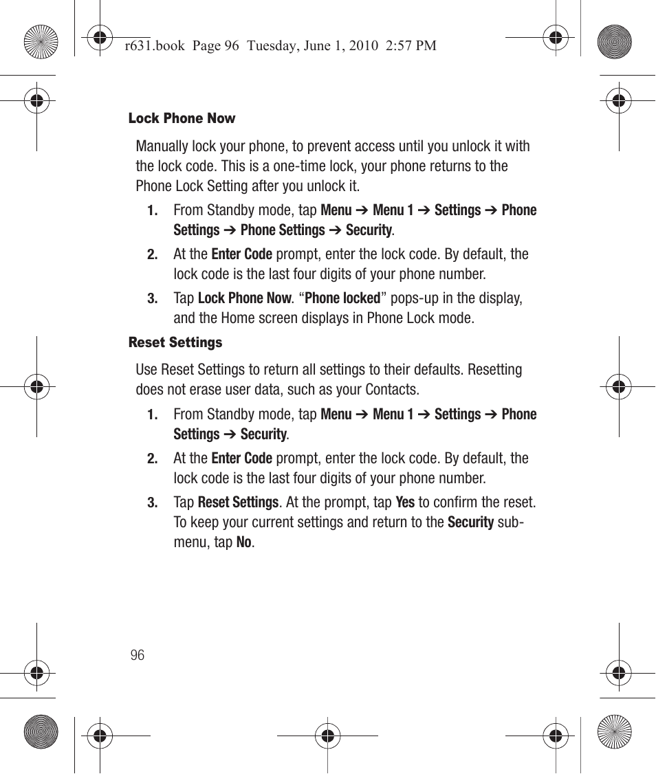 Lock phone now, Reset settings | Samsung SCH-R631LBAXAR User Manual | Page 100 / 165