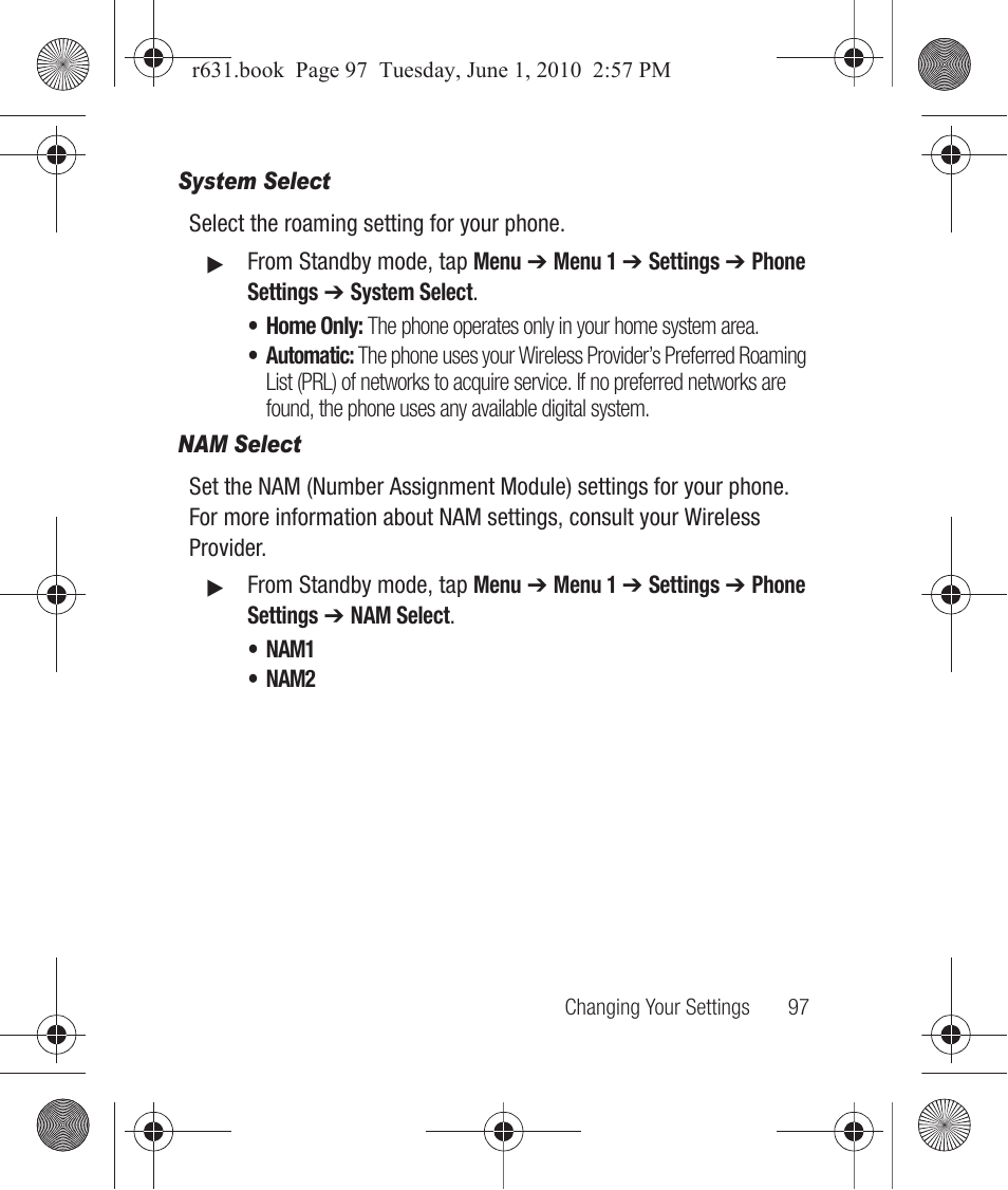 System select, Nam select | Samsung SCH-R631LBAXAR User Manual | Page 101 / 165