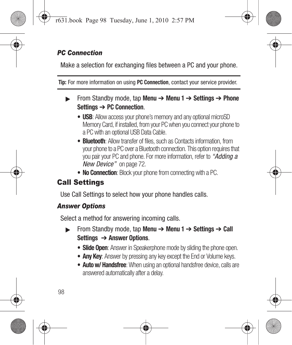 Pc connection, Call settings, Answer options | Samsung SCH-R631LBAXAR User Manual | Page 102 / 165