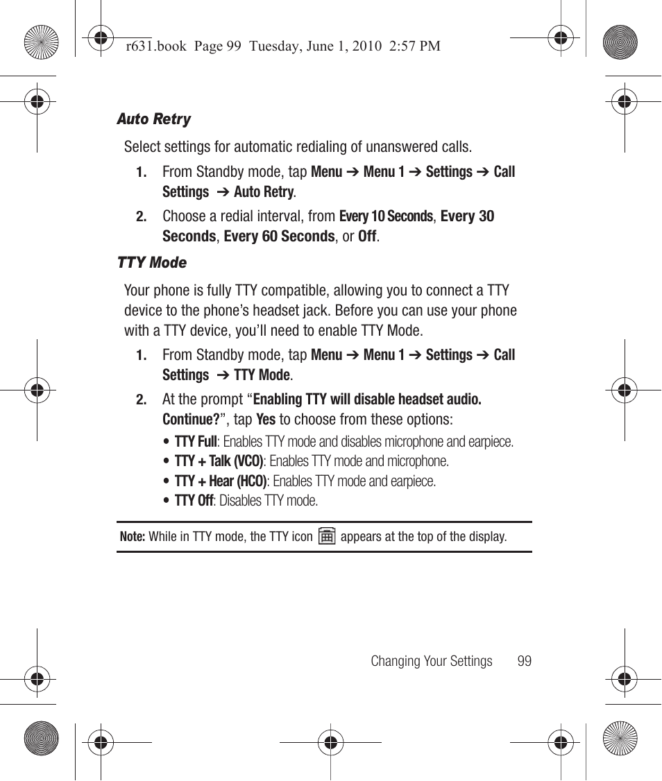 Auto retry, Tty mode | Samsung SCH-R631LBAXAR User Manual | Page 103 / 165