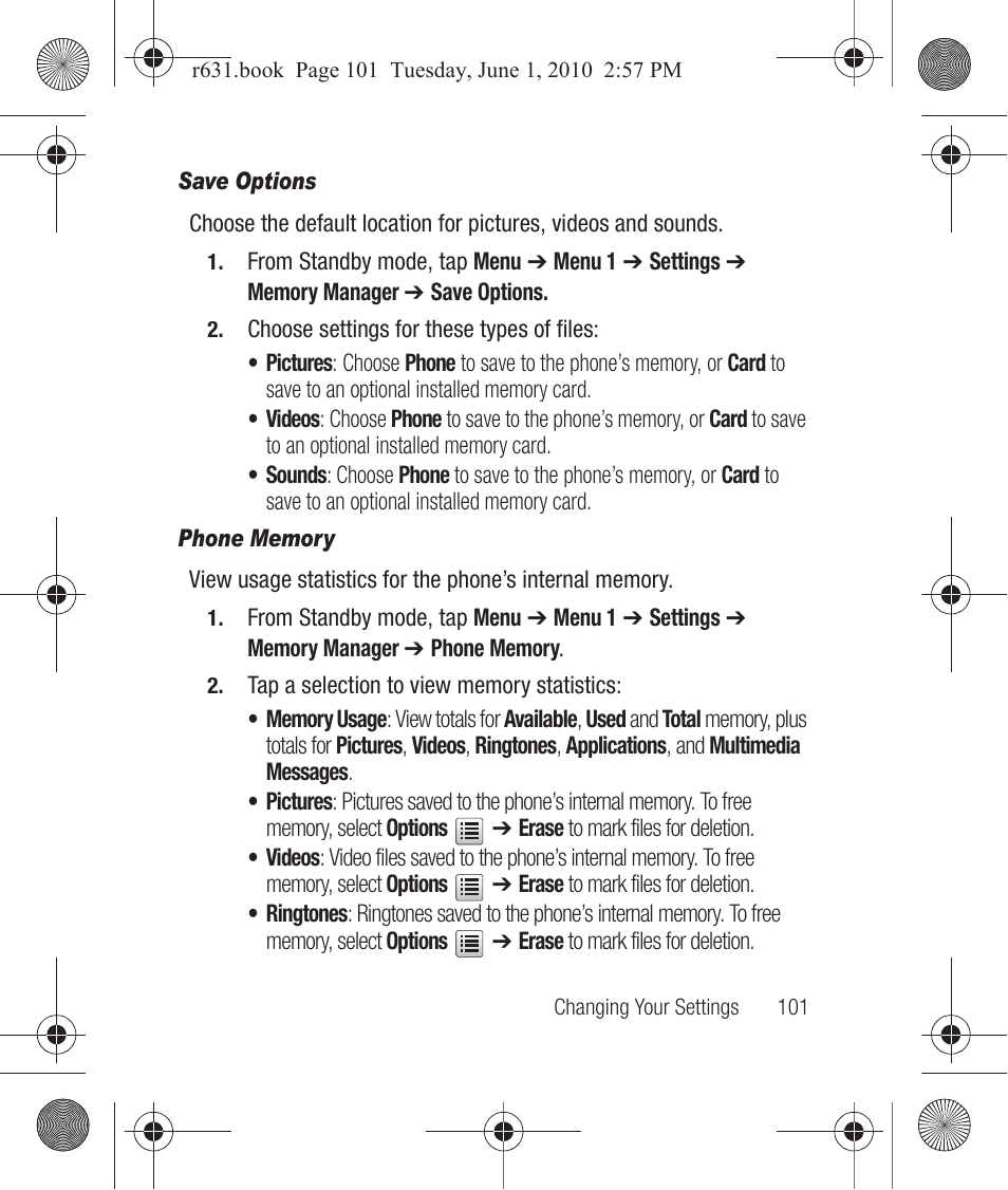 Save options, Phone memory | Samsung SCH-R631LBAXAR User Manual | Page 105 / 165