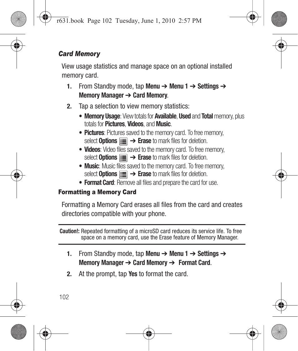 Card memory, Formatting a memory card | Samsung SCH-R631LBAXAR User Manual | Page 106 / 165