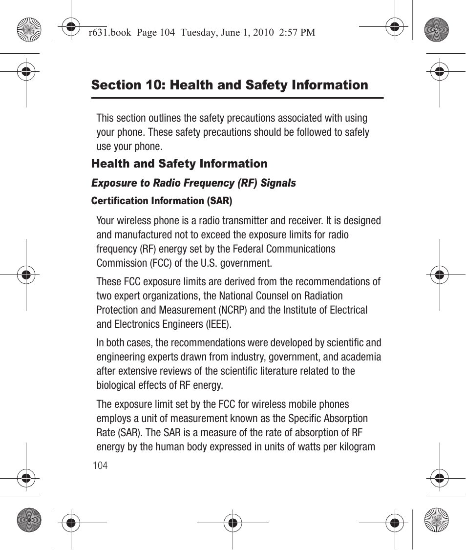 Section 10: health and safety information, Health and safety information, Exposure to radio frequency (rf) signals | Certification information (sar) | Samsung SCH-R631LBAXAR User Manual | Page 108 / 165
