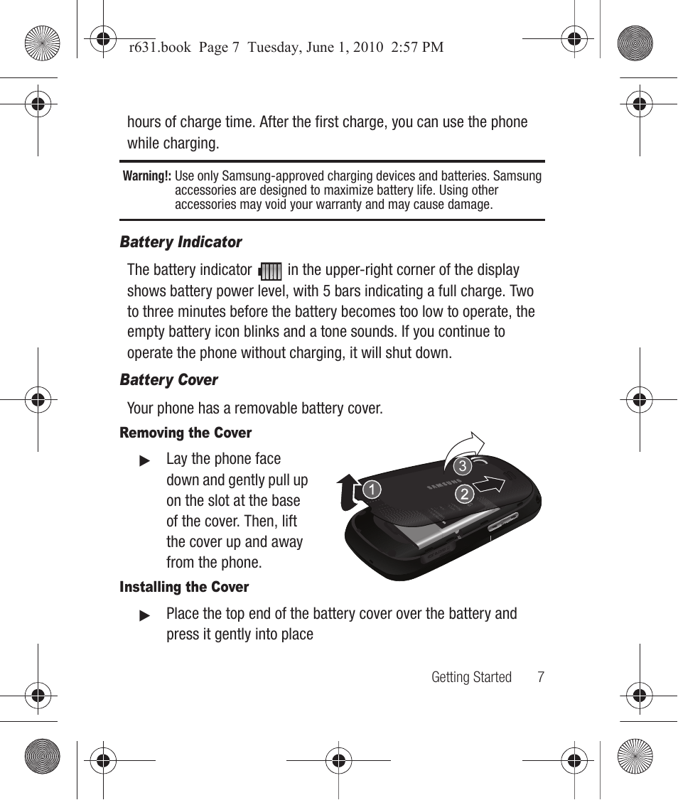 Battery indicator, Battery cover, Removing the cover | Installing the cover | Samsung SCH-R631LBAXAR User Manual | Page 11 / 165