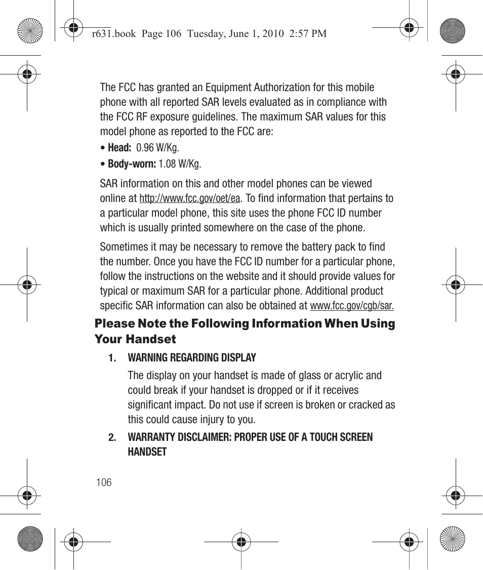 Please note the following information when, Using your handset | Samsung SCH-R631LBAXAR User Manual | Page 110 / 165