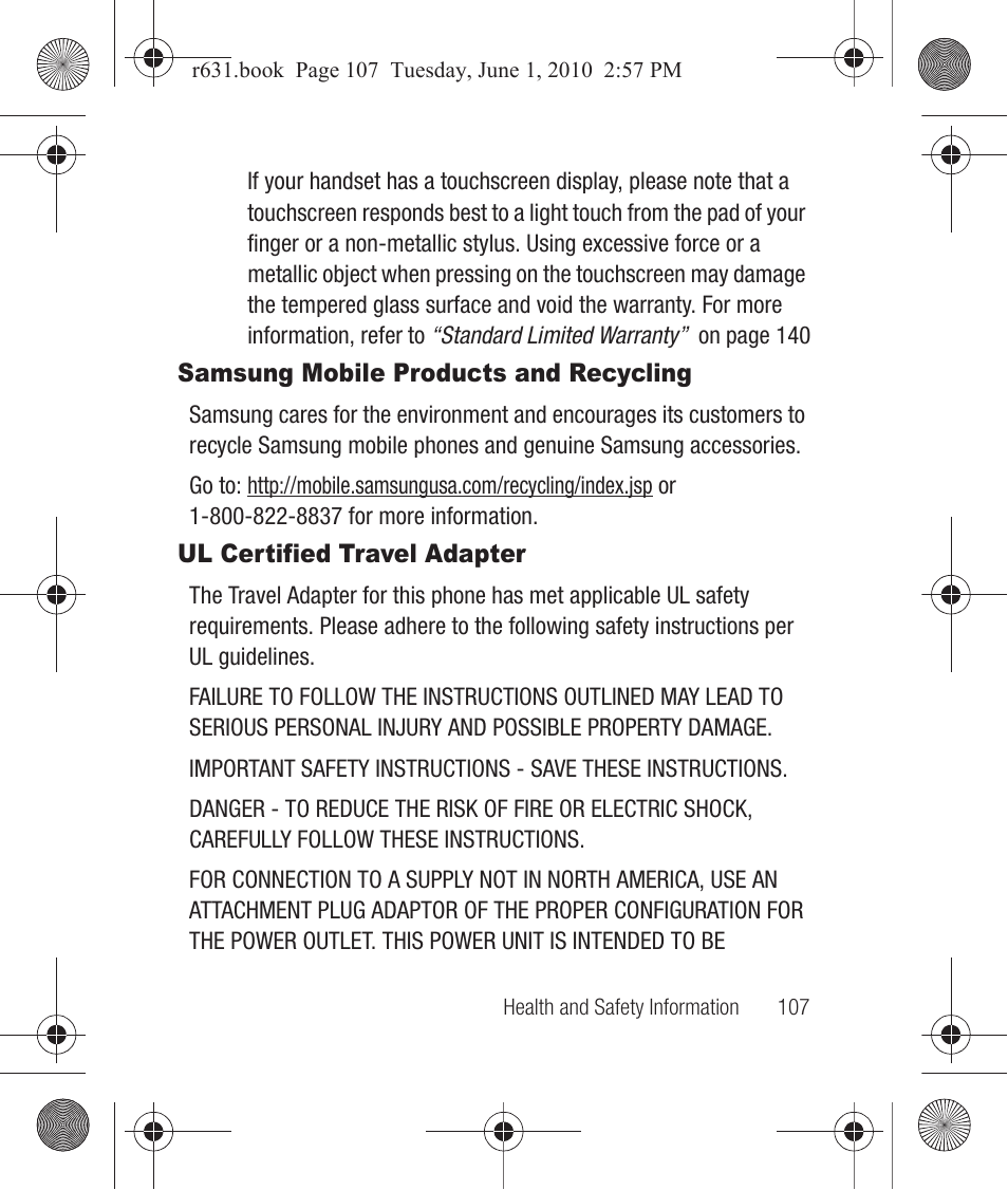 Samsung mobile products and recycling, Ul certified travel adapter | Samsung SCH-R631LBAXAR User Manual | Page 111 / 165