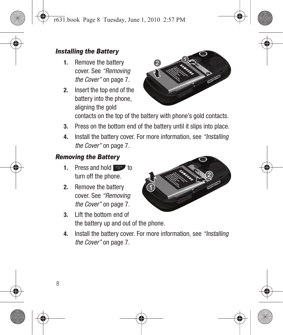 Installing the battery, Removing the battery | Samsung SCH-R631LBAXAR User Manual | Page 12 / 165