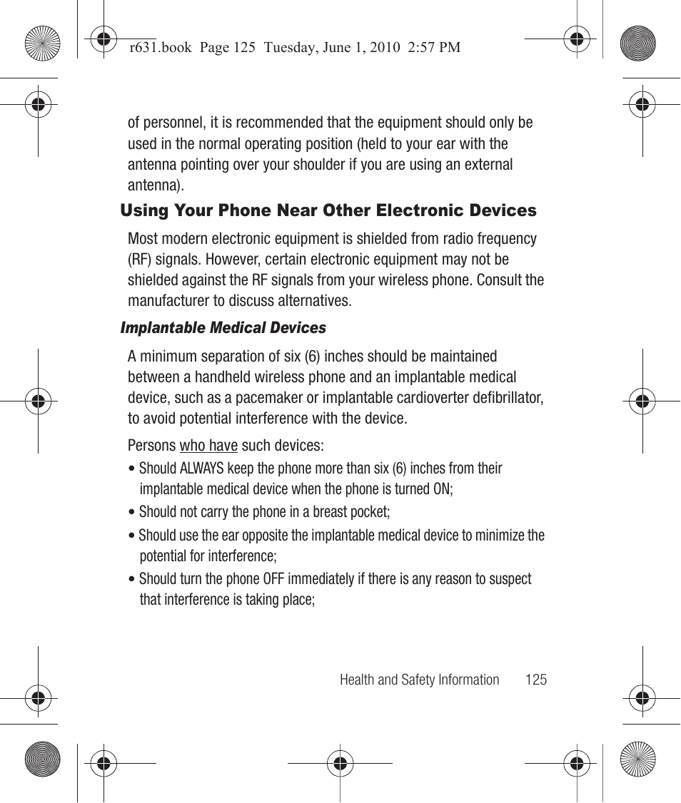 Using your phone near other electronic devices, Implantable medical devices | Samsung SCH-R631LBAXAR User Manual | Page 129 / 165