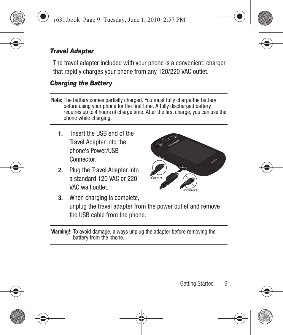 Travel adapter, Charging the battery | Samsung SCH-R631LBAXAR User Manual | Page 13 / 165