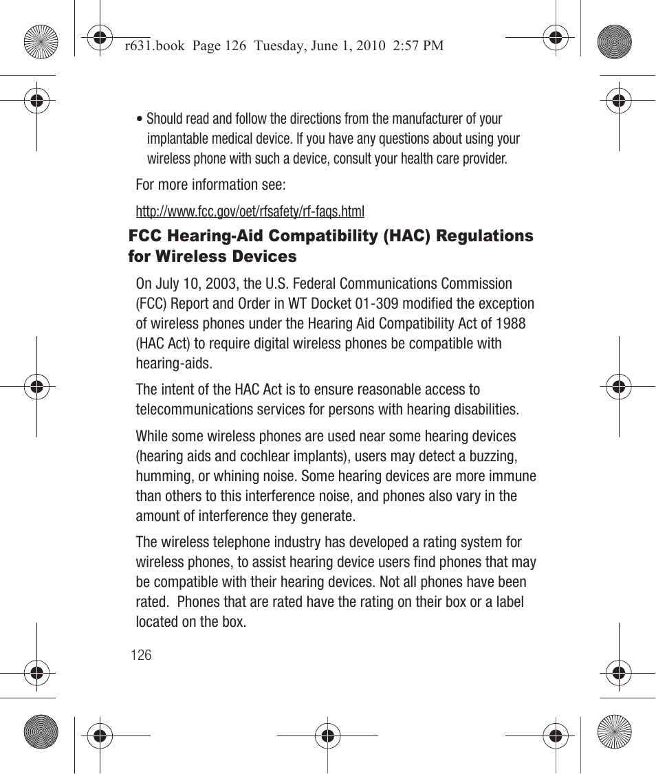 Fcc hearing-aid compatibility (hac) regulations, For wireless devices | Samsung SCH-R631LBAXAR User Manual | Page 130 / 165