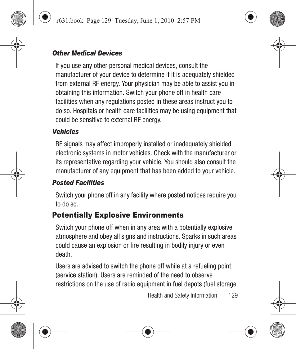 Other medical devices, Vehicles, Posted facilities | Potentially explosive environments | Samsung SCH-R631LBAXAR User Manual | Page 133 / 165