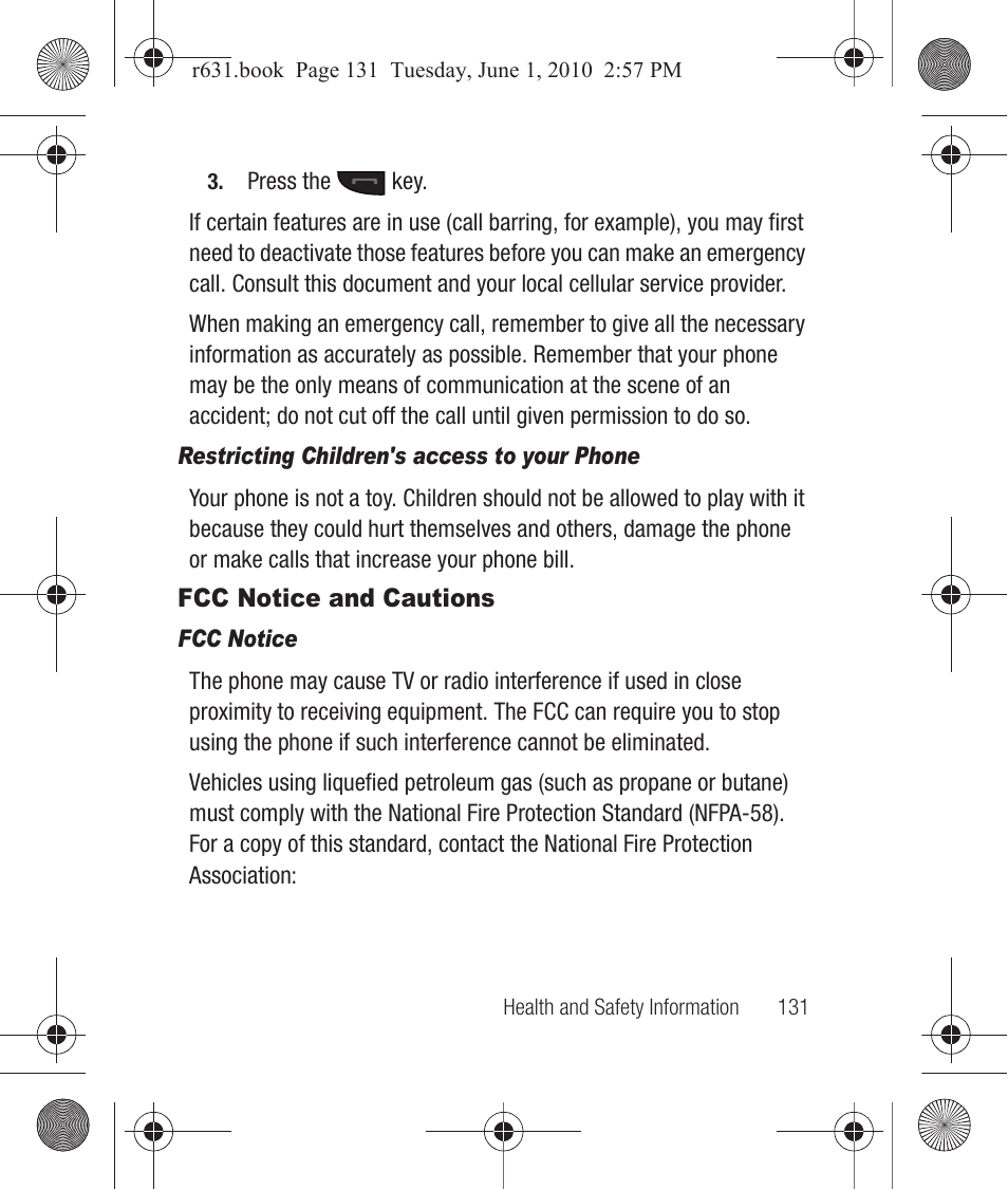 Restricting children's access to your phone, Fcc notice and cautions, Fcc notice | Samsung SCH-R631LBAXAR User Manual | Page 135 / 165