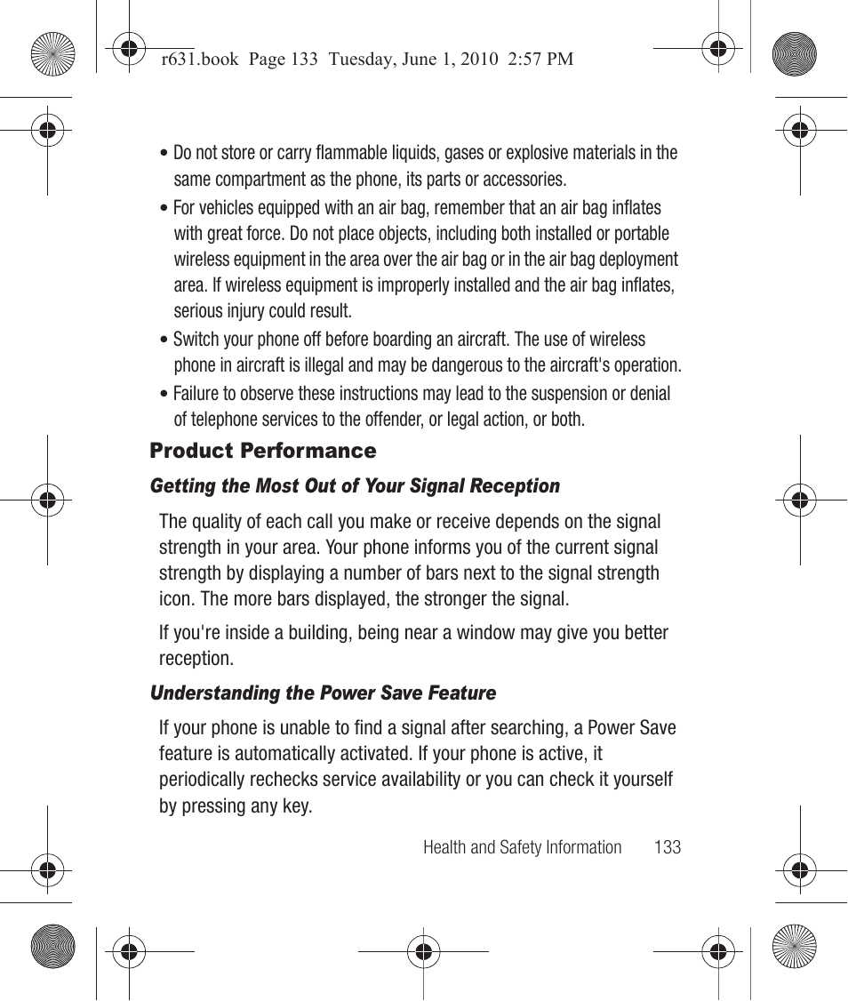 Product performance, Getting the most out of your signal reception, Understanding the power save feature | Samsung SCH-R631LBAXAR User Manual | Page 137 / 165